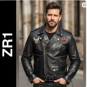 ZR1 Vintage Classic Black Leather Biker Jacket Size 46